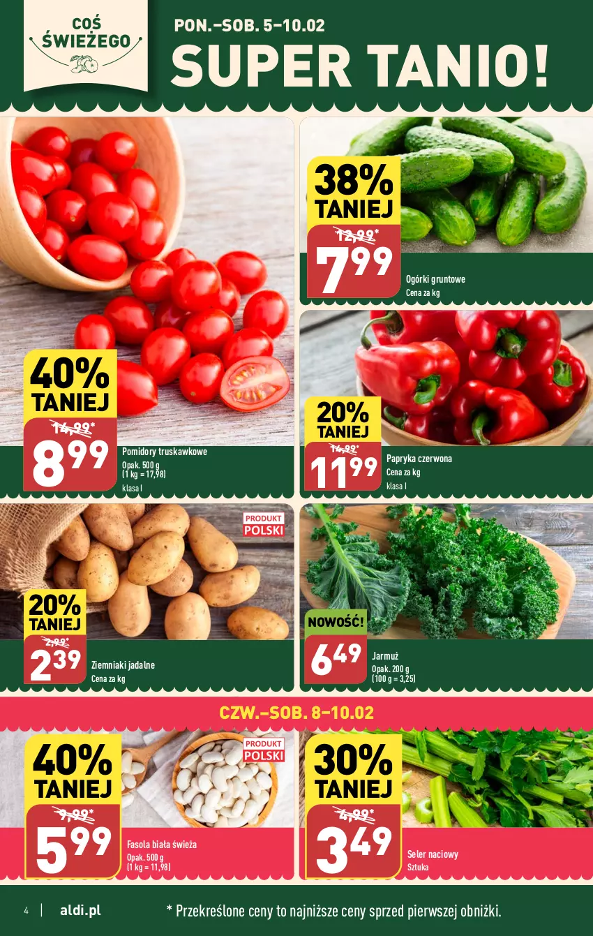 Gazetka promocyjna Aldi - Pełna oferta - ważna 05.02 do 10.02.2024 - strona 4 - produkty: Fa, Fasola, Grunt, Jarmuż, Papryka, Papryka czerwona, Pomidory, Seler naciowy, Ziemniaki