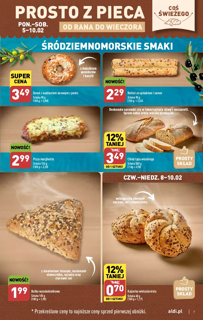 Gazetka promocyjna Aldi - Pełna oferta - ważna 05.02 do 10.02.2024 - strona 7 - produkty: Bazyl, Bułka, Chleb, Chleb typu włoskiego, Donut, Kajzerka, Pesto, Piec, Pizza, Pizza margherita, Ser, Sezam, Sok