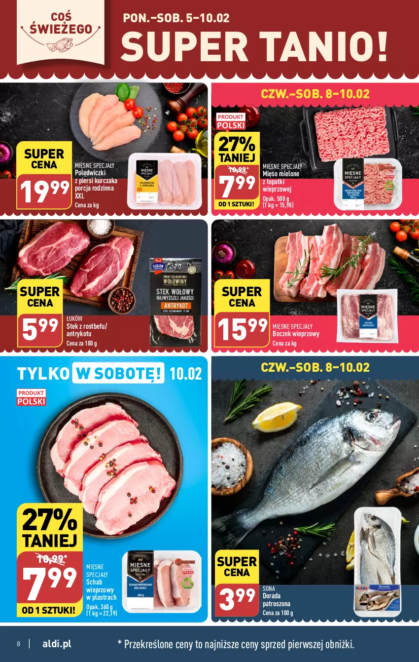 Gazetka promocyjna Aldi - Pełna oferta - ważna 05.02 do 10.02.2024 - strona 8 - produkty: Boczek, Boczek wieprzowy, Kurczak, Mięsne specjały, Mięso, Mięso mielone, Mięso mielone z łopatki wieprzowej, Por, Rostbef, Schab wieprzowy, Stek