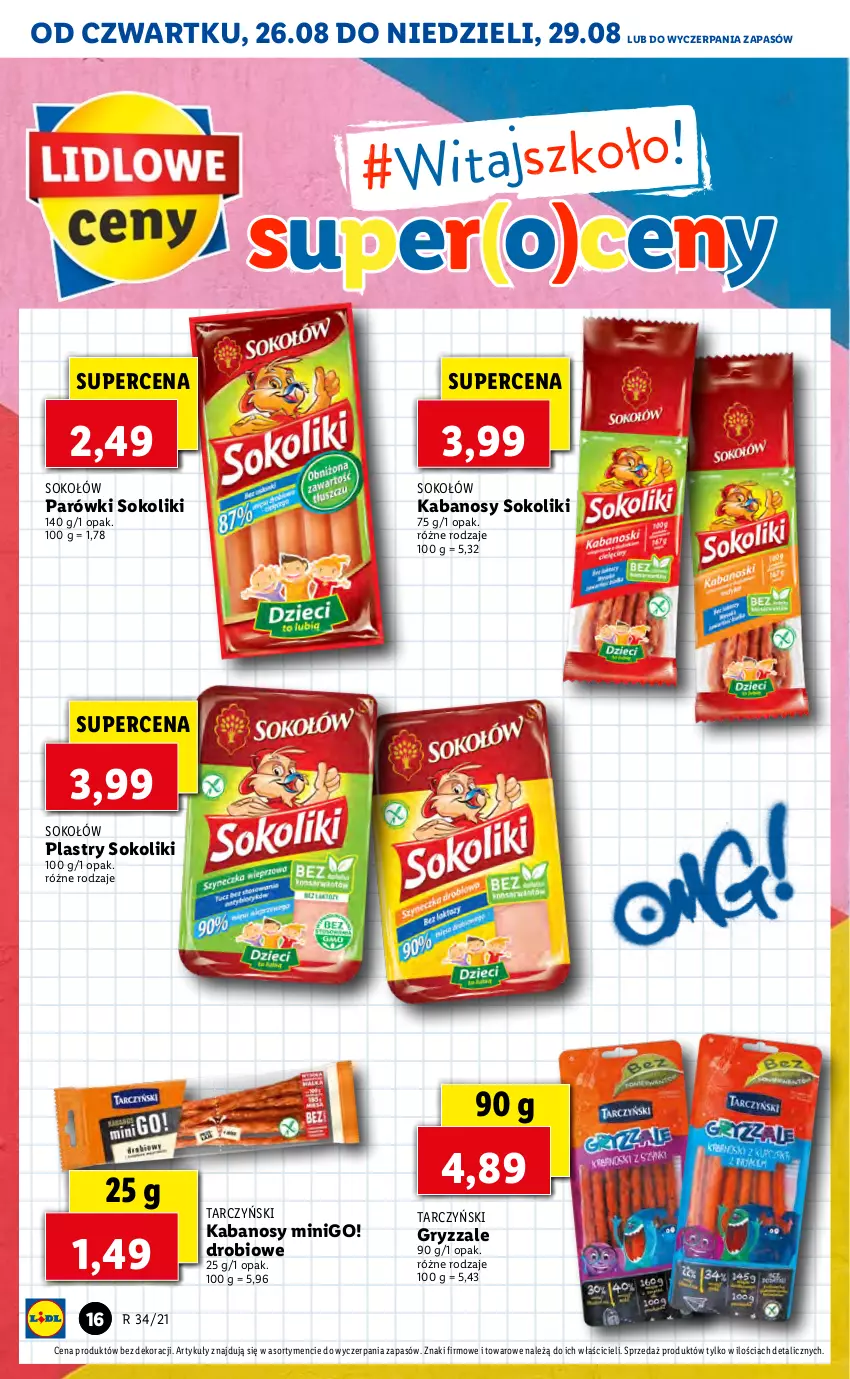 Gazetka promocyjna Lidl - GAZETKA - ważna 26.08 do 29.08.2021 - strona 16 - produkty: Gry, Kabanos, Parówki, Parówki sokoliki, Sok, Sokołów, Tarczyński