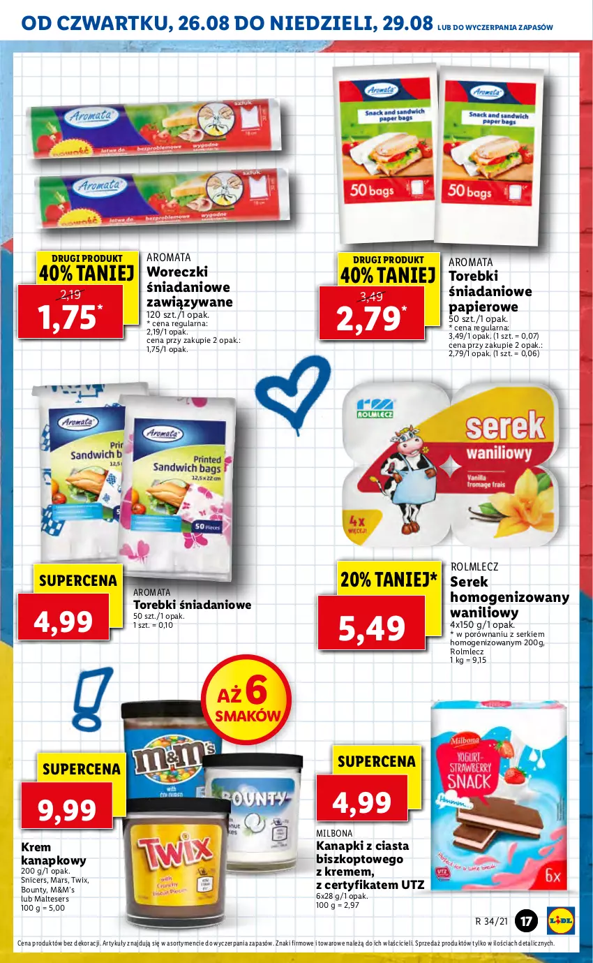 Gazetka promocyjna Lidl - GAZETKA - ważna 26.08 do 29.08.2021 - strona 17 - produkty: Bounty, Danio, Mars, Papier, Por, Rolmlecz, Ser, Serek, Serek homogenizowany, Twix