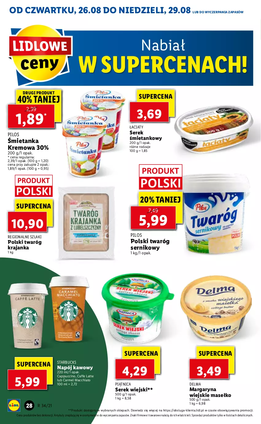 Gazetka promocyjna Lidl - GAZETKA - ważna 26.08 do 29.08.2021 - strona 28 - produkty: Cappuccino, Chia, Delma, Margaryna, Napój, Piątnica, Pilos, Ser, Serek, Serek wiejski, Twaróg