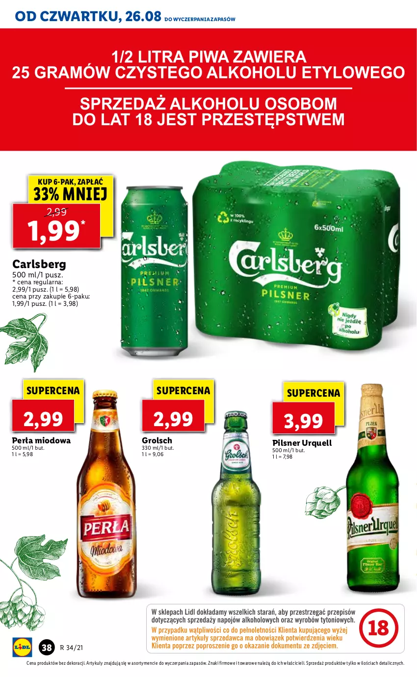 Gazetka promocyjna Lidl - GAZETKA - ważna 26.08 do 29.08.2021 - strona 38 - produkty: Carlsberg, Perła, Pilsner Urquell