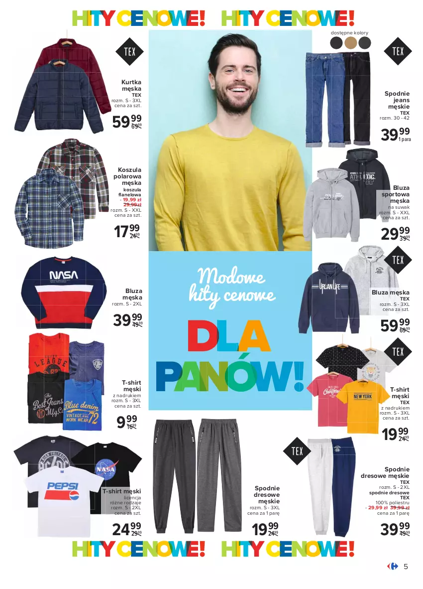 Gazetka promocyjna Carrefour - Gazetka Modowe hity cenowe - ważna 15.02 do 27.02.2021 - strona 5 - produkty: Bluza, Dres, Kosz, Koszula, Kurtka, Por, Spodnie, Spodnie dresowe, Spodnie jeans, Sport, T-shirt