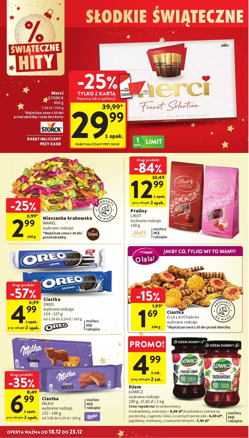 Gazetka promocyjna Intermarche - Gazetka Intermarche - ważna 18.12 do 23.12.2025 - strona 44 - produkty: Chabrior, Ciastka, Gres, Kiwi, Lindt, Merci, Milka, Oreo, Por, Praliny, Wawel