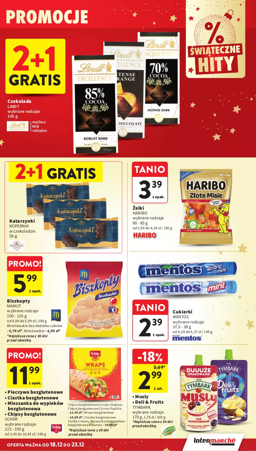Gazetka promocyjna Intermarche - Gazetka Intermarche - ważna 18.12 do 23.12.2025 - strona 45 - produkty: Biszkopty, Brownie, Chipsy, Ciastka, Cukier, Cukierki, Czekolada, Gin, Gra, Haribo, Lindt, Mentos, Mus, Piec, Pieczywo, Tymbark