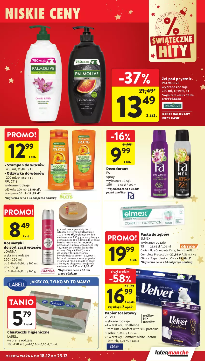 Gazetka promocyjna Intermarche - Gazetka Intermarche - ważna 18.12 do 23.12.2025 - strona 53 - produkty: Bell, Clin, Elmex, Fa, Fructis, Joanna, Lakier, Lakier do włosów, Odżywka, Palmolive, Pianka do włosów, Szampon, Velvet