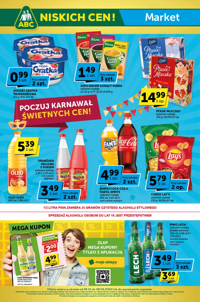 Gazetka promocyjna ABC - ważna 25.01 do 06.02.2024 - strona 1 - produkty: Chipsy, Coca-Cola, Fa, Fanta, Gra, Hellena, Jogurt, Knorr, Kubek, Mleczko, Napój, Olej, Oleo, Oranżada, Piwa, Piwo, Ptasie mleczko, Rosół, Sok, Somersby, Sprite, Zupa