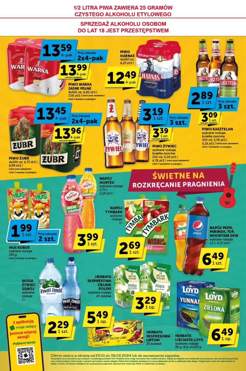 Gazetka promocyjna ABC - ważna 25.01 do 06.02.2024 - strona 4 - produkty: 7up, Gra, Herbata, Hortex, Kasztelan, Lipton, Loyd, Mięta, Mirinda, Napój, Pepsi, Piwa, Piwo, Tera, Tymbark, Warka, Woda