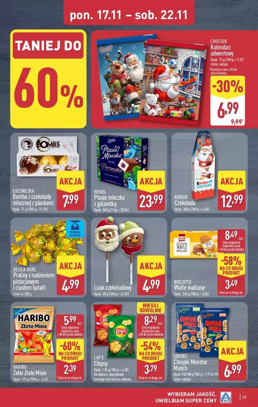 Gazetka promocyjna Aldi - Pełna oferta - ważna 17.11 do 22.11.2025 - strona 19 - produkty: Chipsy, Chrupki, Czekolada, Gala, Haribo, Kalendarz, Kalendarz adwentowy, Kinder, Lay’s, Lorenz, Mleczko, Monster Munch, Praliny, Ptasie mleczko, Wafle, Znicz