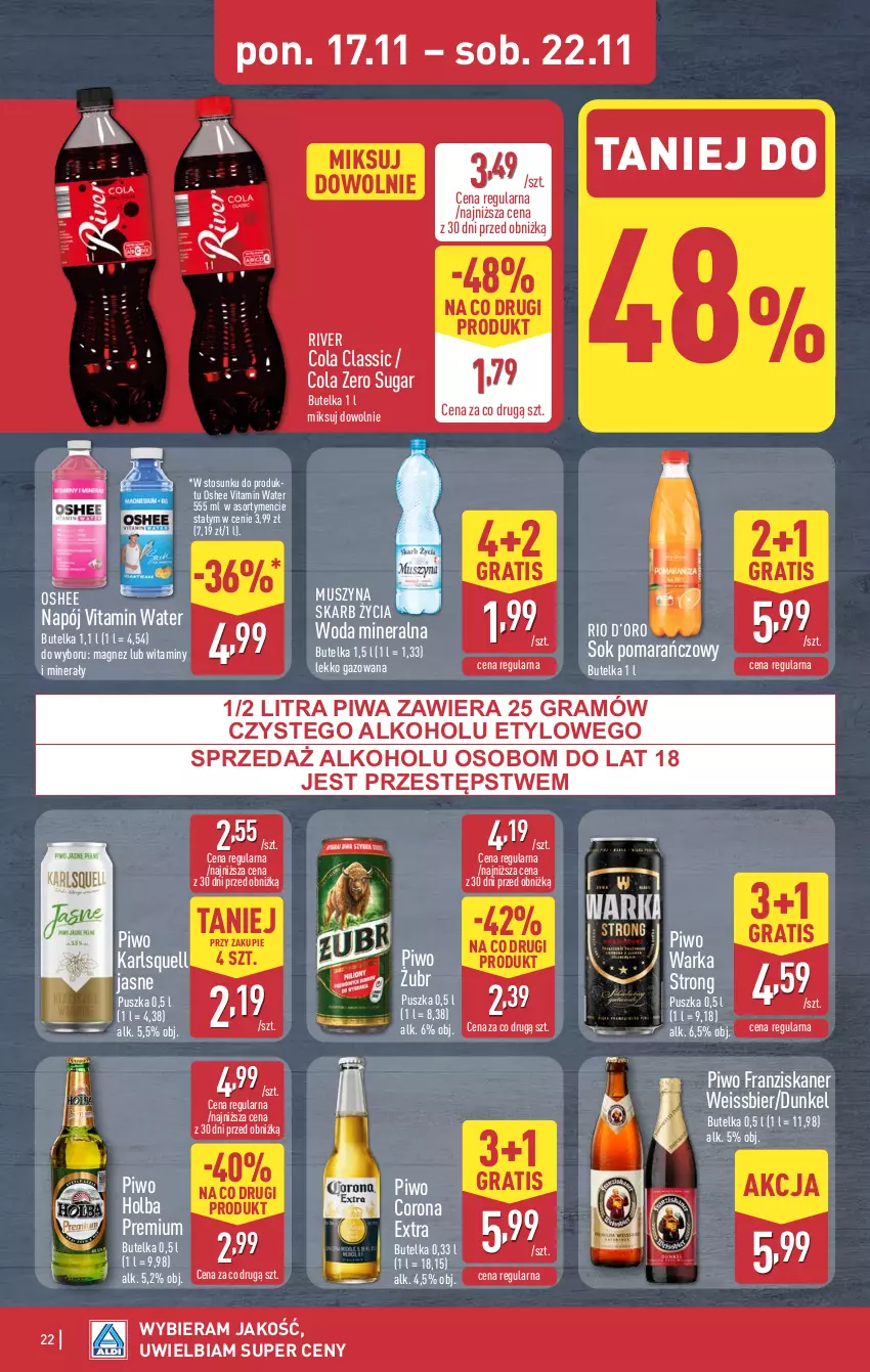 Gazetka promocyjna Aldi - Pełna oferta - ważna 17.11 do 22.11.2025 - strona 22 - produkty: Corona Extra, Gra, Karlsquell, Magnez, Mus, Napój, Oshee, Piwa, Piwo, Skaner, Sok, Sok pomarańczowy, Szyna, Warka, Woda, Woda mineralna
