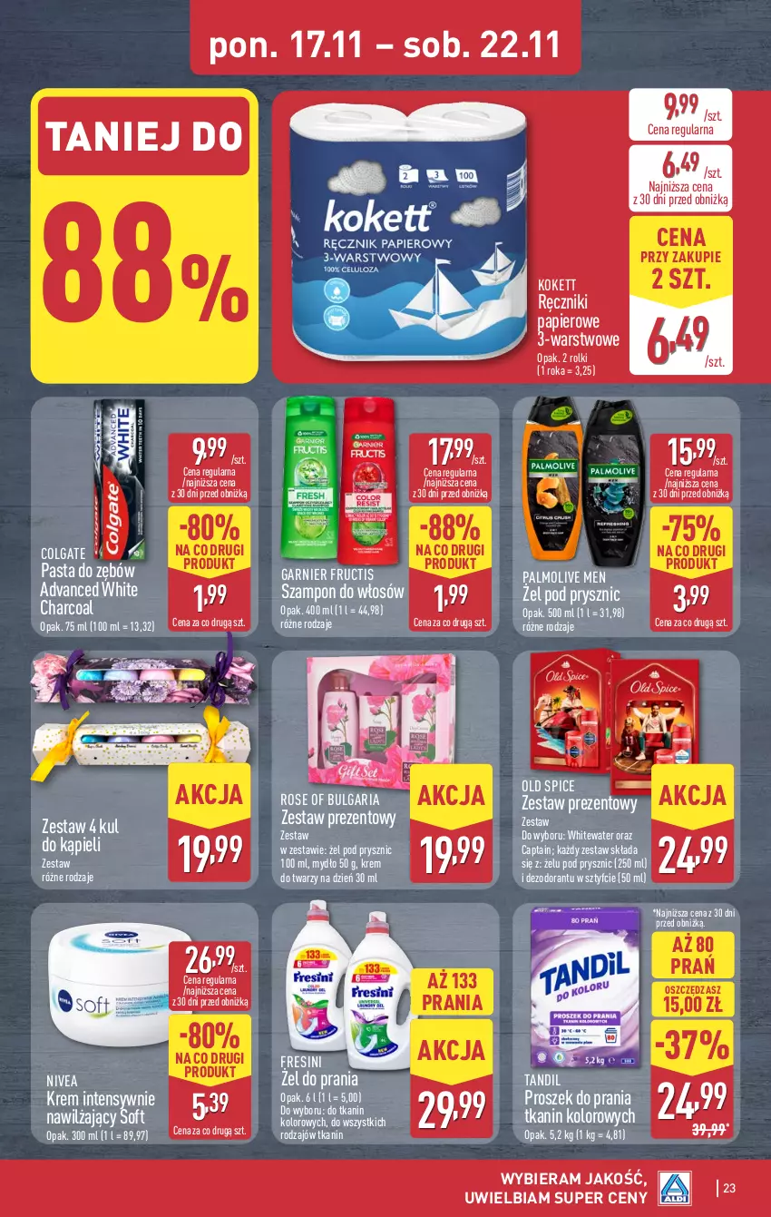 Gazetka promocyjna Aldi - Pełna oferta - ważna 17.11 do 22.11.2025 - strona 23 - produkty: Colgate, Dezodorant, Fructis, Garnier, Krem do twarzy, LG, Mydło, Nivea, Old Spice, Palmolive, Papier, Pasta do zębów, Proszek do prania, Ręcznik, Ręczniki papierowe, Rolki, Szampon, Zestaw prezentowy