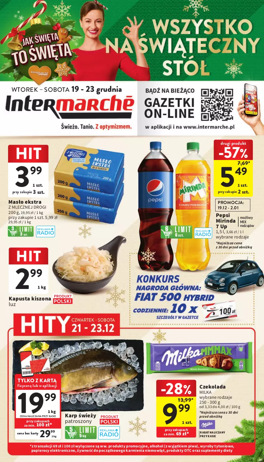 Gazetka promocyjna Intermarche - Gazetka Intermarche - ważna 19.12 do 23.12.2023 - strona 1 - produkty: Czekolada, Karmi, Karp, Masło, Milka, Mirinda, Papier, Pepsi, Piwa, Tran