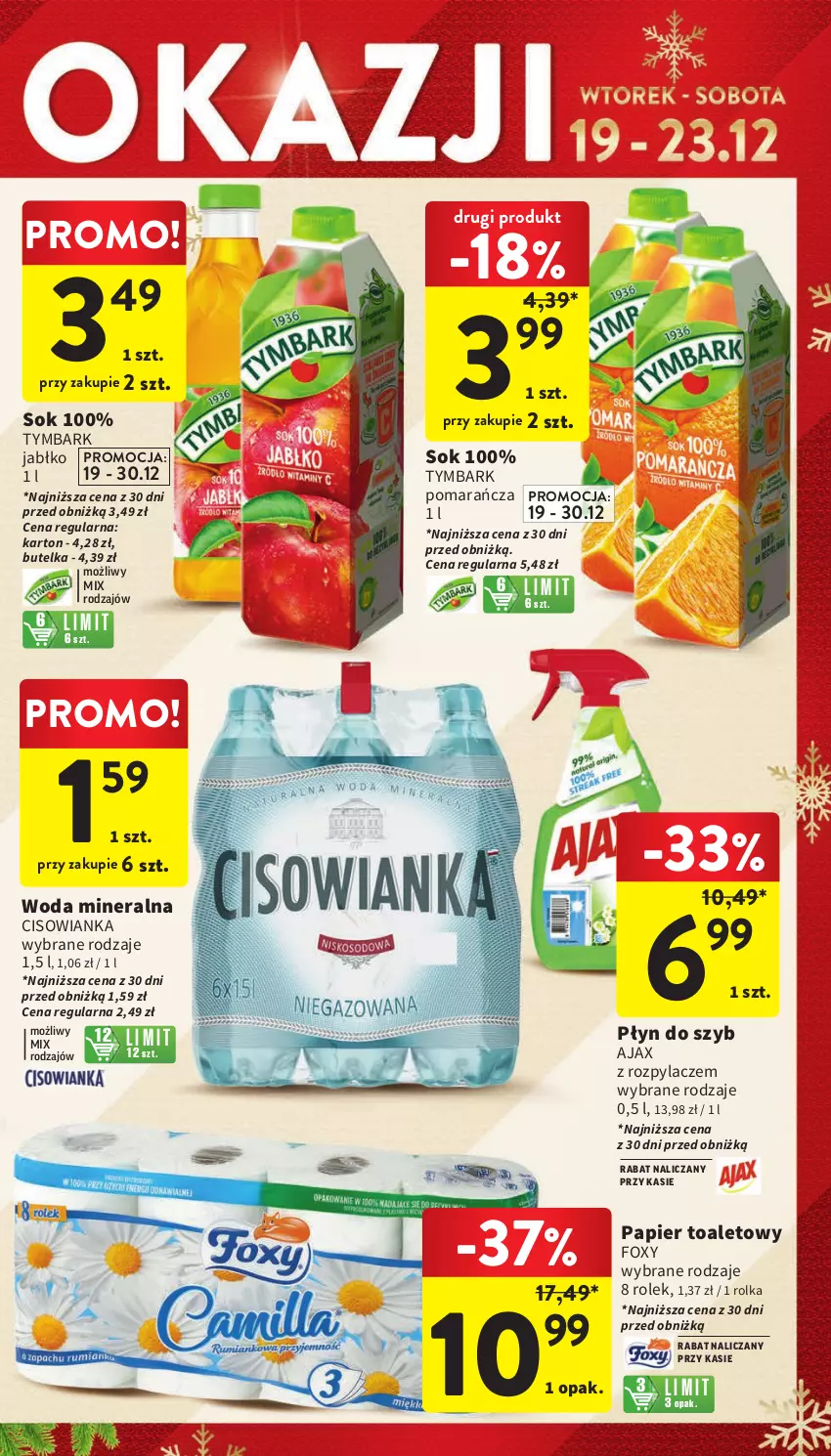 Gazetka promocyjna Intermarche - Gazetka Intermarche - ważna 19.12 do 23.12.2023 - strona 19 - produkty: Ajax, Cisowianka, Foxy, Papier, Papier toaletowy, Płyn do szyb, Sok, Tymbark, Woda, Woda mineralna