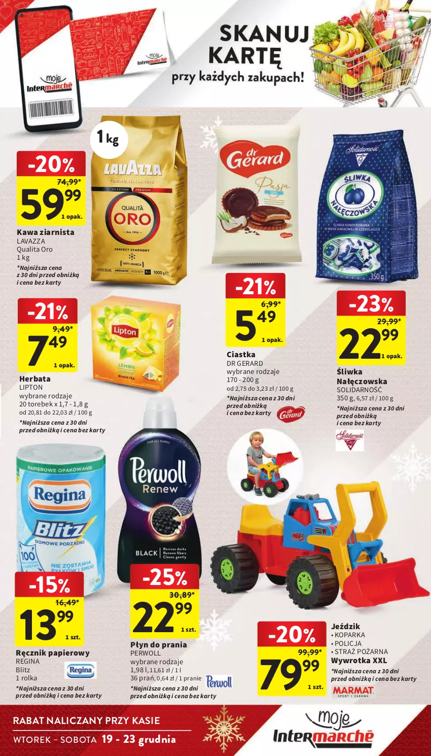 Gazetka promocyjna Intermarche - Gazetka Intermarche - ważna 19.12 do 23.12.2023 - strona 21 - produkty: Ciastka, Dr Gerard, Gin, Herbata, Kawa, Kawa ziarnista, Lavazza, Lipton, Papier, Parka, Perwoll, Płyn do prania, Ręcznik, Straż pożarna, Wywrotka