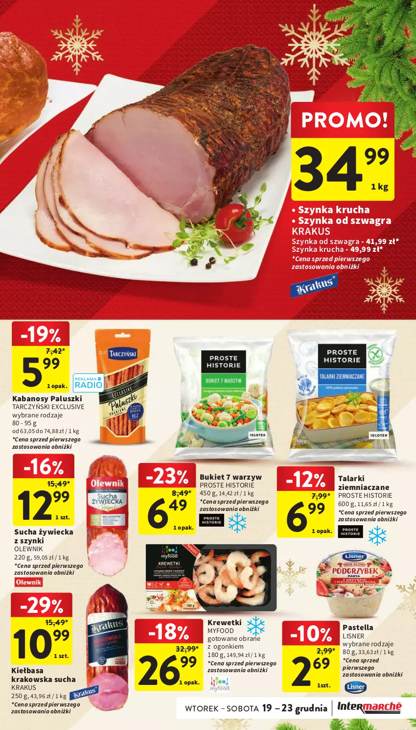 Gazetka promocyjna Intermarche - Gazetka Intermarche - ważna 19.12 do 23.12.2023 - strona 31 - produkty: Bukiet, Gra, Kabanos, Kiełbasa, Kiełbasa krakowska, Krakus, Krewetki, Lisner, Olewnik, Pastella, Szynka, Tarczyński