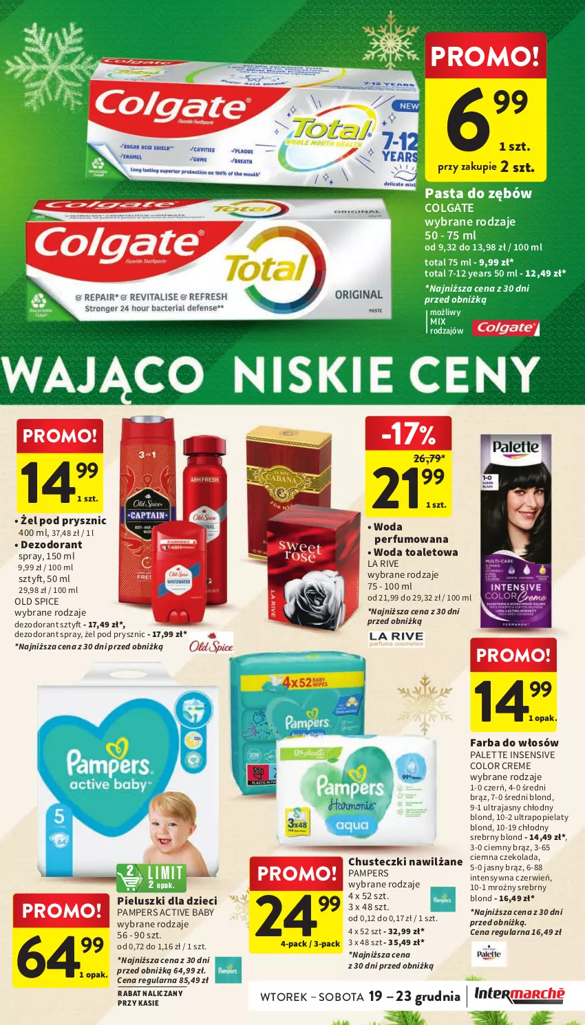 Gazetka promocyjna Intermarche - Gazetka Intermarche - ważna 19.12 do 23.12.2023 - strona 45 - produkty: Chusteczki, Colgate, Color Creme, Czekolada, Dezodorant, Dzieci, Fa, Farba do włosów, La Rive, LG, Old Spice, Palette, Pampers, Pasta do zębów, Perfum, Woda, Woda perfumowana, Woda toaletowa