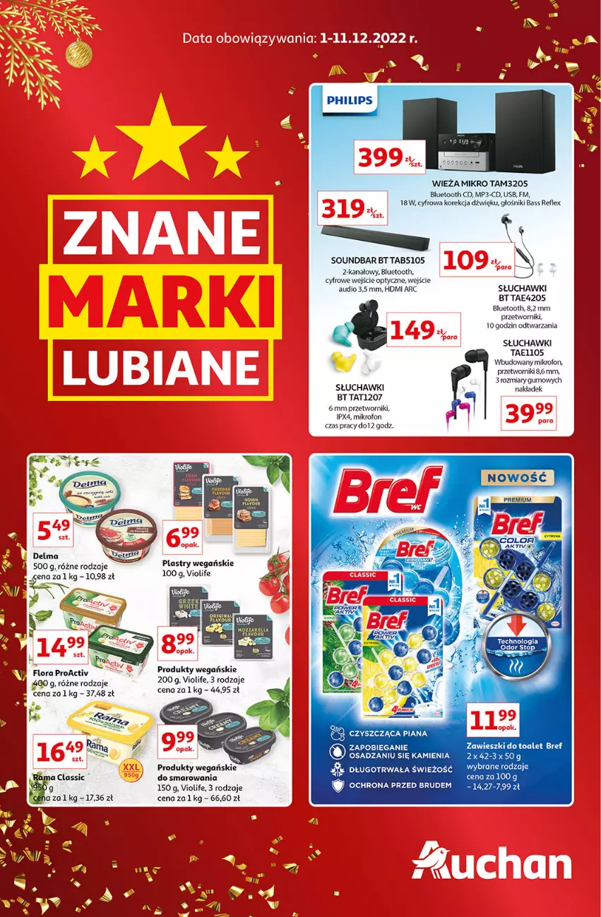 Gazetka promocyjna Auchan - Gazetka Znane Marki Lubiane Auchan - ważna 01.12 do 11.12.2022 - strona 1 - produkty: Bieganie, Bref, Głośnik, Mikrofon, Słuchawki, Soundbar, Top, Zawieszki