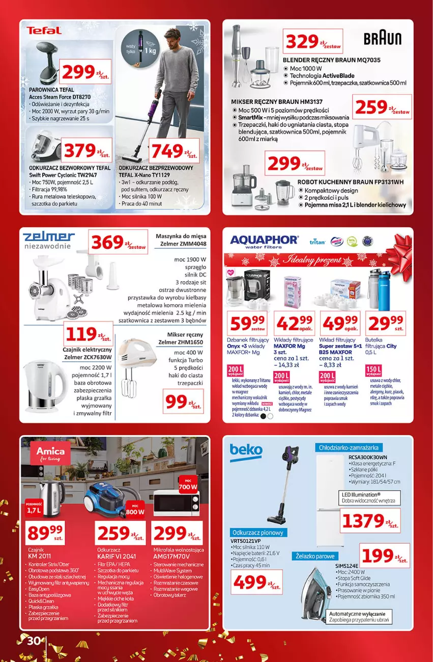 Gazetka promocyjna Auchan - Gazetka Znane Marki Lubiane Auchan - ważna 01.12 do 11.12.2022 - strona 30 - produkty: Aquaphor, Blender, Blender ręczny, Braun, Czajnik, Czajnik elektryczny, Dezynfekcja, Dzbanek, Dzbanek filtrujący, Fa, Grzałka, Magnez, Maszynka, Mikser, Mikser ręczny, Odkurzacz, Odkurzacz bezprzewodowy, Parownica, Piec, Pojemnik, Robot, Rura, Ser, Szatkownica, Szczotka, Szynka, Tefal, Teleskop, Top, Trzepaczka, Wkład filtrujący, Zamrażarka, Zelmer