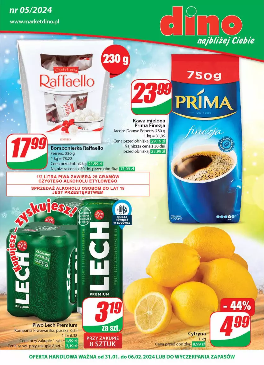 Gazetka promocyjna Dino - Gazetka 5 - ważna 30.01 do 06.02.2024 - strona 1 - produkty: Fa, Ferrero, Gra, Jacobs, Kawa, Kawa mielona, Lech Premium, Piwa, Piwo, Prima, Raffaello