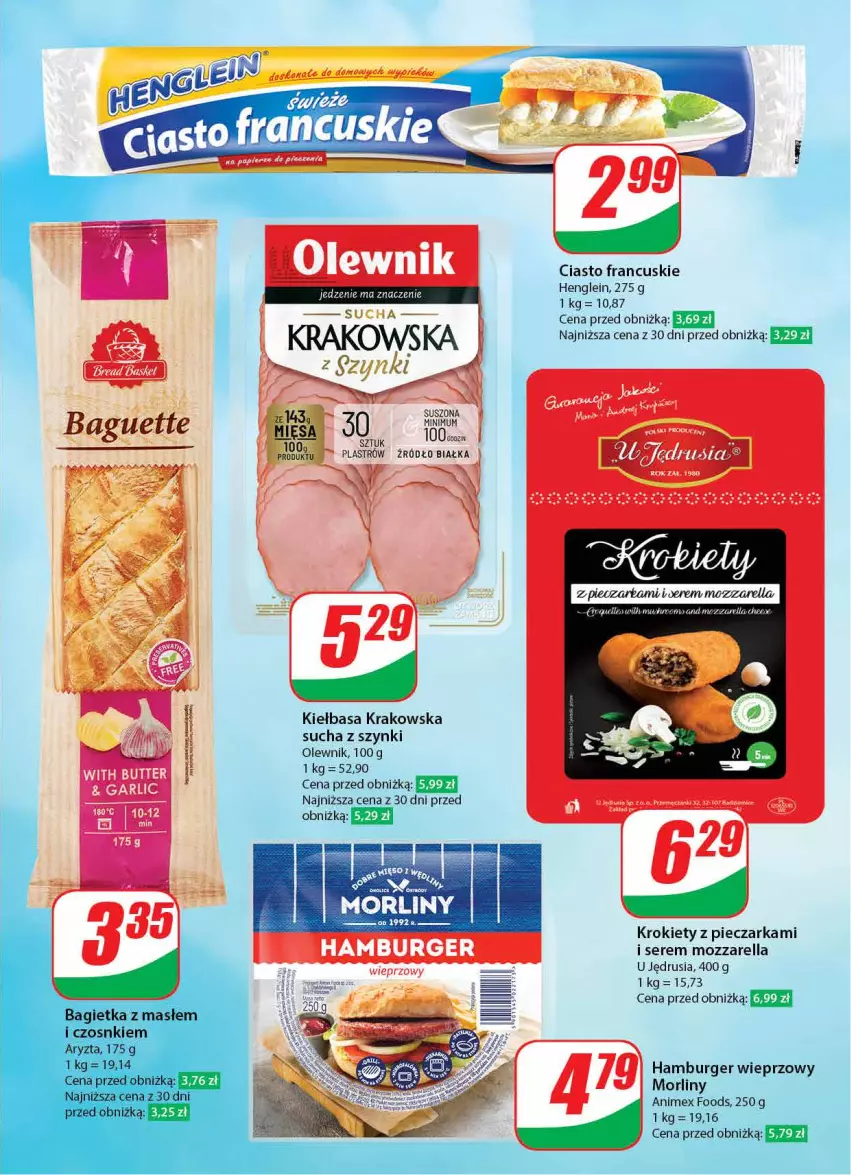 Gazetka promocyjna Dino - Gazetka 5 - ważna 30.01 do 06.02.2024 - strona 37 - produkty: Burger, Ciasto francuskie, Hamburger, Kiełbasa, Kiełbasa krakowska, Krokiety, Morliny, Mozzarella, Olewnik, Piec, Pieczarka, Ser