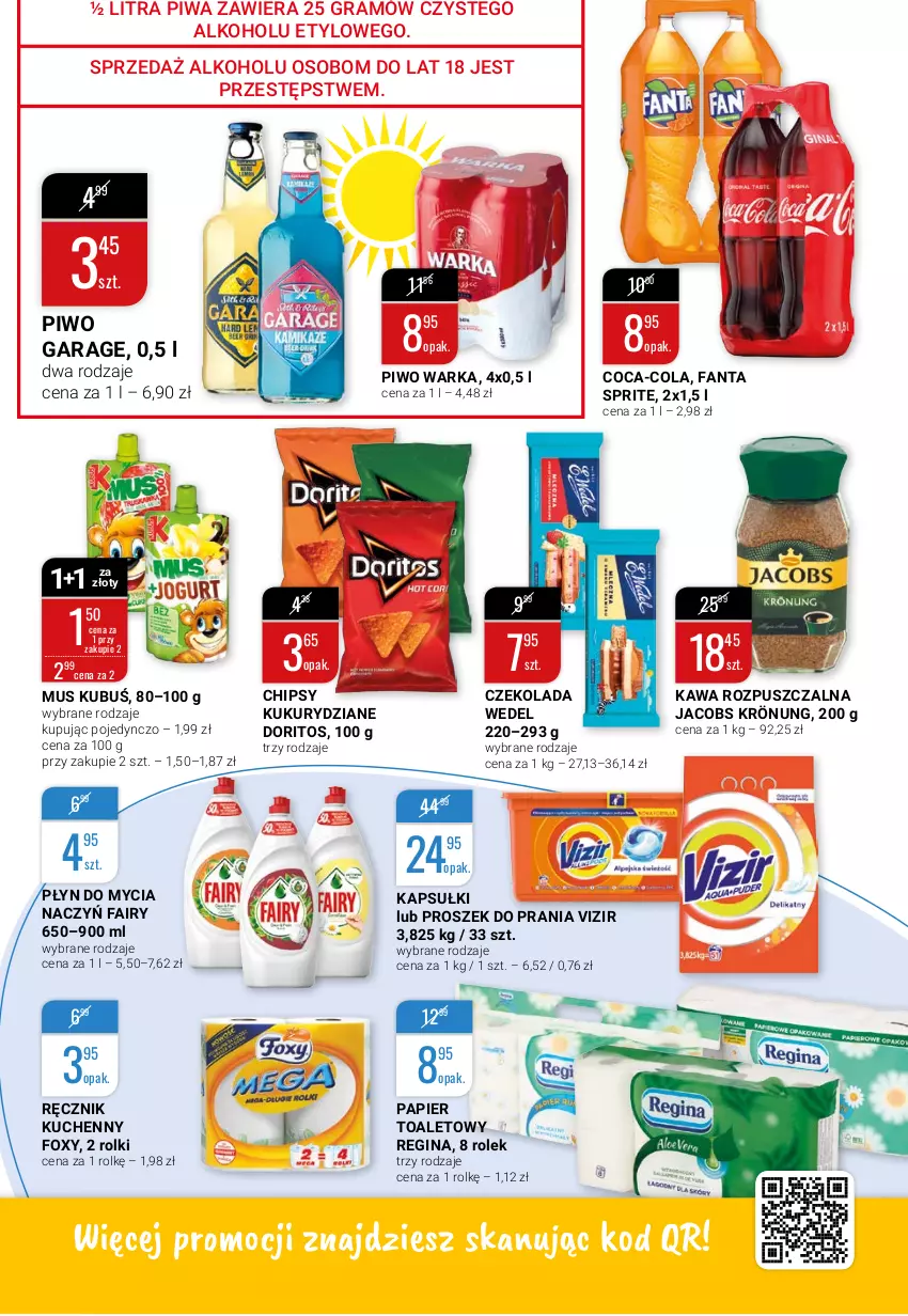 Gazetka promocyjna Bi1 - Słoneczna OFERTOmania - ważna 11.08 do 17.08.2021 - strona 5 - produkty: Chipsy, Coca-Cola, Czekolada, Do mycia naczyń, Fa, Fairy, Fanta, Foxy, Gin, Gra, Jacobs, Jacobs Krönung, Kawa, Kawa rozpuszczalna, Kubuś, Mus, Papier, Papier toaletowy, Piwa, Piwo, Płyn do mycia, Płyn do mycia naczyń, Proszek do prania, Ręcznik, Ręcznik kuchenny, Rolki, Sprite, Vizir, Warka