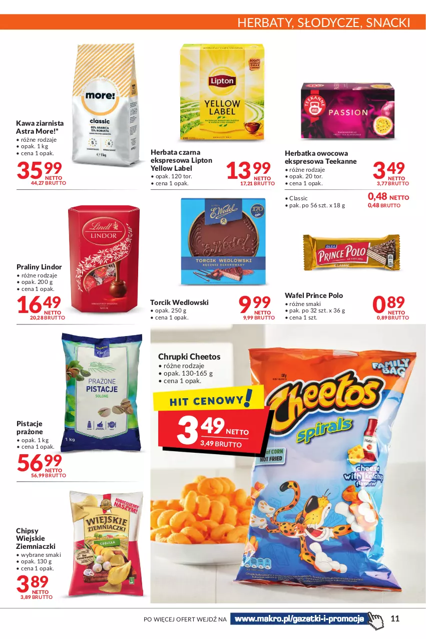 Gazetka promocyjna Makro - [Oferta promocyjna] Artykuły spożywcze i przemysłowe - ważna 22.02 do 07.03.2022 - strona 11 - produkty: Cheetos, Chipsy, Chrupki, Herbata, Herbata czarna, Kawa, Kawa ziarnista, Lindor, Lipton, Pistacje, Praliny, Prince Polo, Teekanne