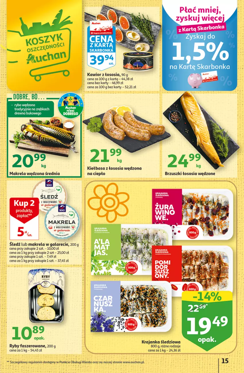 Gazetka promocyjna Auchan - Gazetka Wielkanoc na Twoim stole Hipermarket Auchan - ważna 30.03 do 08.04.2023 - strona 15 - produkty: Fa, Gala, Kawior, Kiełbasa, Krajanka śledziowa, Makrela w galarecie, Ryba, SEKO, Sos