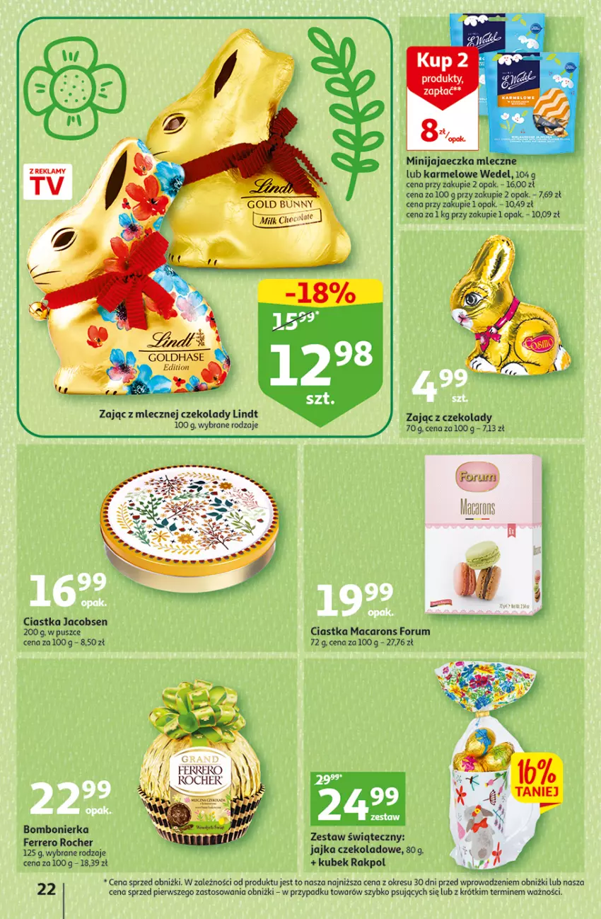 Gazetka promocyjna Auchan - Gazetka Wielkanoc na Twoim stole Hipermarket Auchan - ważna 30.03 do 08.04.2023 - strona 22 - produkty: Ciastka, Ferrero, Ferrero Rocher, Gra, Jacobs, Jaja, Kubek, Lindt, O nas, Rum