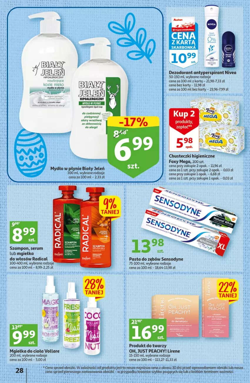 Gazetka promocyjna Auchan - Gazetka Wielkanoc na Twoim stole Hipermarket Auchan - ważna 30.03 do 08.04.2023 - strona 28 - produkty: Antyperspirant, Biały Jeleń, Chusteczki, Dezodorant, Fa, Foxy, Lirene, Mleko, Mydło, Mydło w płynie, Nivea, Pasta do zębów, Rum, Sensodyne, Ser, Serum, Szampon, Waga