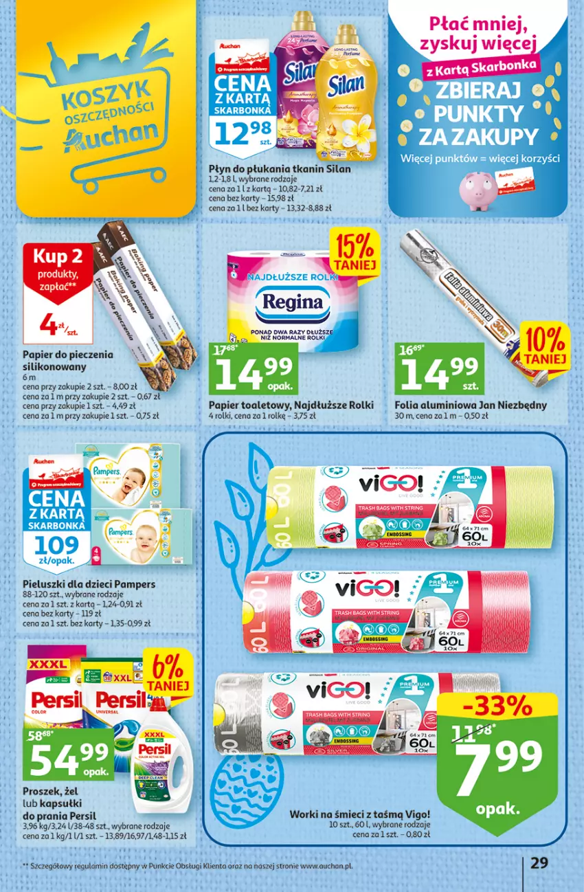 Gazetka promocyjna Auchan - Gazetka Wielkanoc na Twoim stole Hipermarket Auchan - ważna 30.03 do 08.04.2023 - strona 29 - produkty: Dzieci, Fa, Gin, Pampers, Papier, Papier do pieczenia, Papier toaletowy, Persil, Piec, Płyn do płukania, Por, Rolki, Worki na śmiec, Worki na śmieci