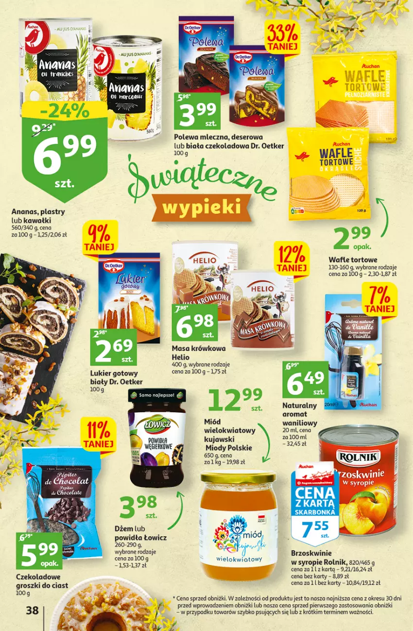 Gazetka promocyjna Auchan - Gazetka Wielkanoc na Twoim stole Hipermarket Auchan - ważna 30.03 do 08.04.2023 - strona 38 - produkty: Ananas, Brzoskwinie, Deser, Dr. Oetker, Dżem, Helio, Kawa, Kujawski, Masa krówkowa, Miód, O nas, Rolnik, Ser, Syrop, Wafle, Wafle tortowe