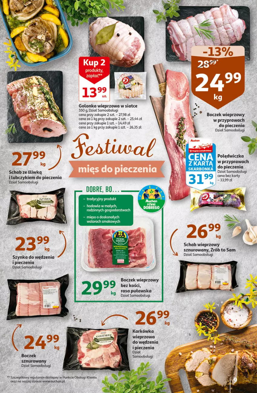 Gazetka promocyjna Auchan - Gazetka Wielkanoc na Twoim stole Hipermarket Auchan - ważna 30.03 do 08.04.2023 - strona 9 - produkty: Boczek, Boczek wieprzowy, Golonka wieprzowa, Karkówka wieprzowa, Mięso, Piec, Schab wieprzowy, Szynka