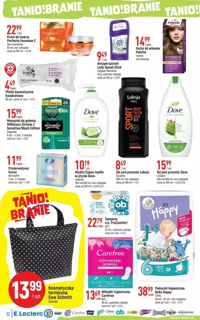 Gazetka promocyjna E Leclerc - ważna 08.08 do 19.08.2023 - strona 4 - produkty: Antyperspirant, Bell, Bella, Dove, Durex, Ewa Schmitt, Fa, Farba do włosów, Kosmetyczka, Krem do twarzy, Luksja, Mydło, Palette, Perfecta, Płatki kosmetyczne, Prezerwatyw