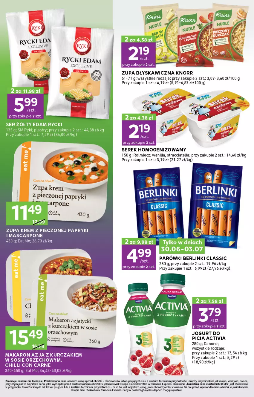 Gazetka promocyjna Stokrotka - Stokrotka Express - ważna 27.06 do 03.07.2024 - strona 2 - produkty: Activia, Berlinki, Danone, Edam, Jogurt, Knorr, Kurczak, Makaron, Mascarpone, Mięso, Nuty, Owoce, Parówki, Piec, Rolmlecz, Ser, Serek, Serek homogenizowany, Sos, Warzywa, Zupa