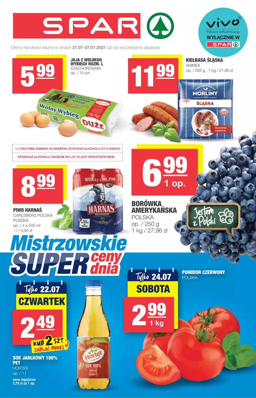 Gazetka promocyjna Spar - Express - ważna 21.07 do 27.07.2021 - strona 1 - produkty: Borówka, Carlsberg, Harnaś, Jaja, Kiełbasa, Kiełbasa śląska, Piwo, Sok, Sok jabłkowy, Surf