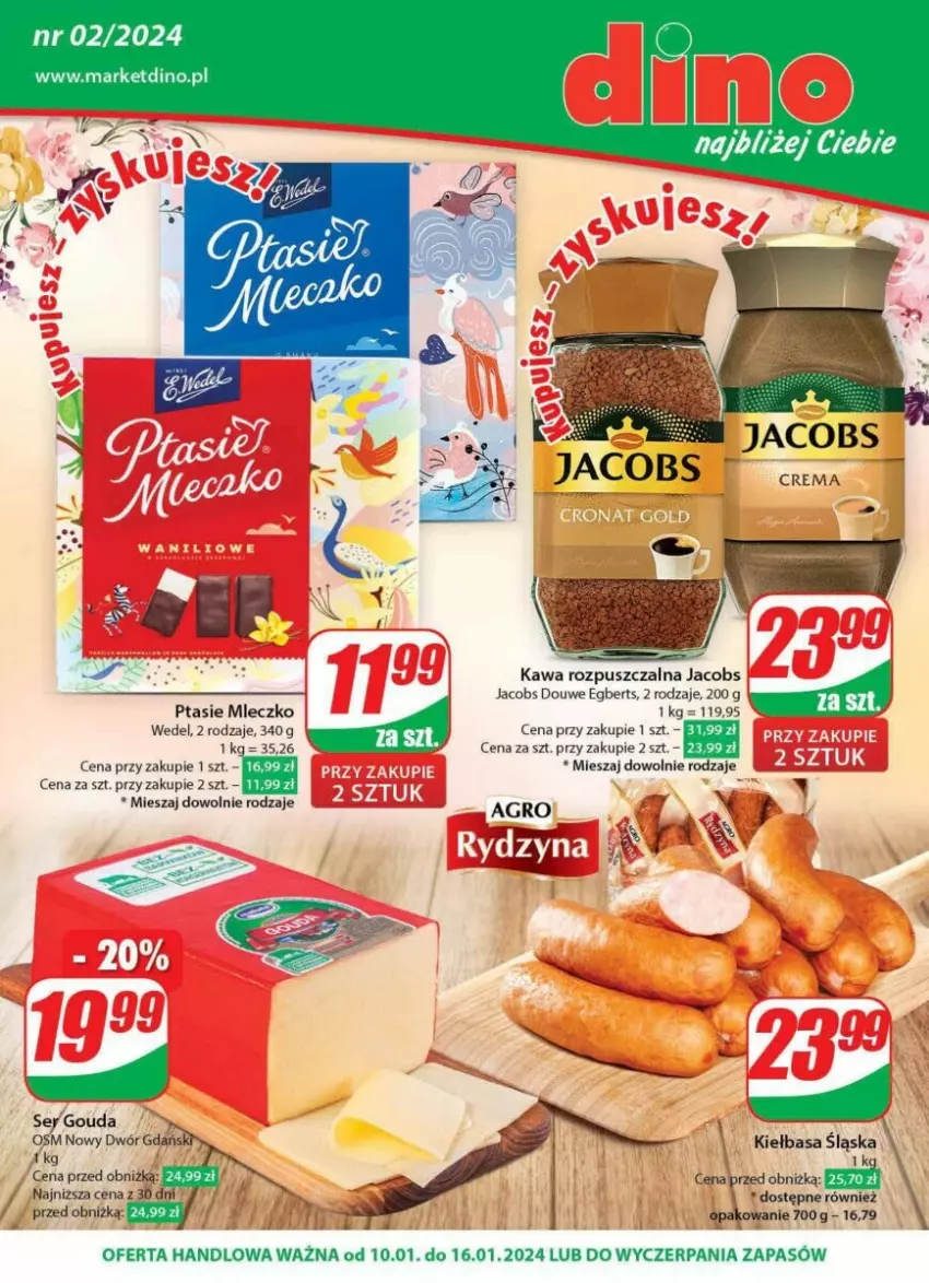 Gazetka promocyjna Dino - ważna 10.01 do 16.01.2024 - strona 1 - produkty: Gouda, Jacobs, JBL, Kawa, Kawa rozpuszczalna, Kiełbasa, Kiełbasa śląska, Mleczko, Ptasie mleczko