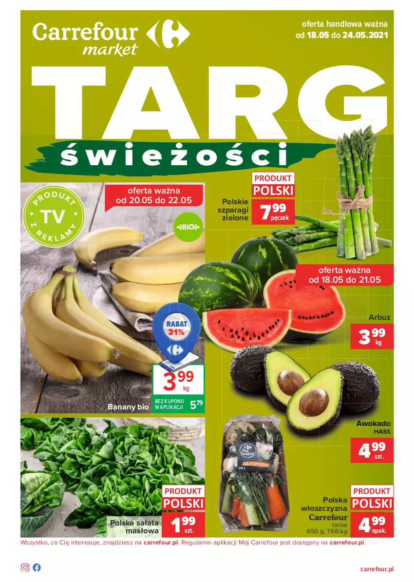 Gazetka promocyjna Carrefour - Gazetka Targi świeżości - ważna 17.05 do 24.05.2021 - strona 1 - produkty: Arbuz, Banany, Masło, Sałat, Sałata masłowa