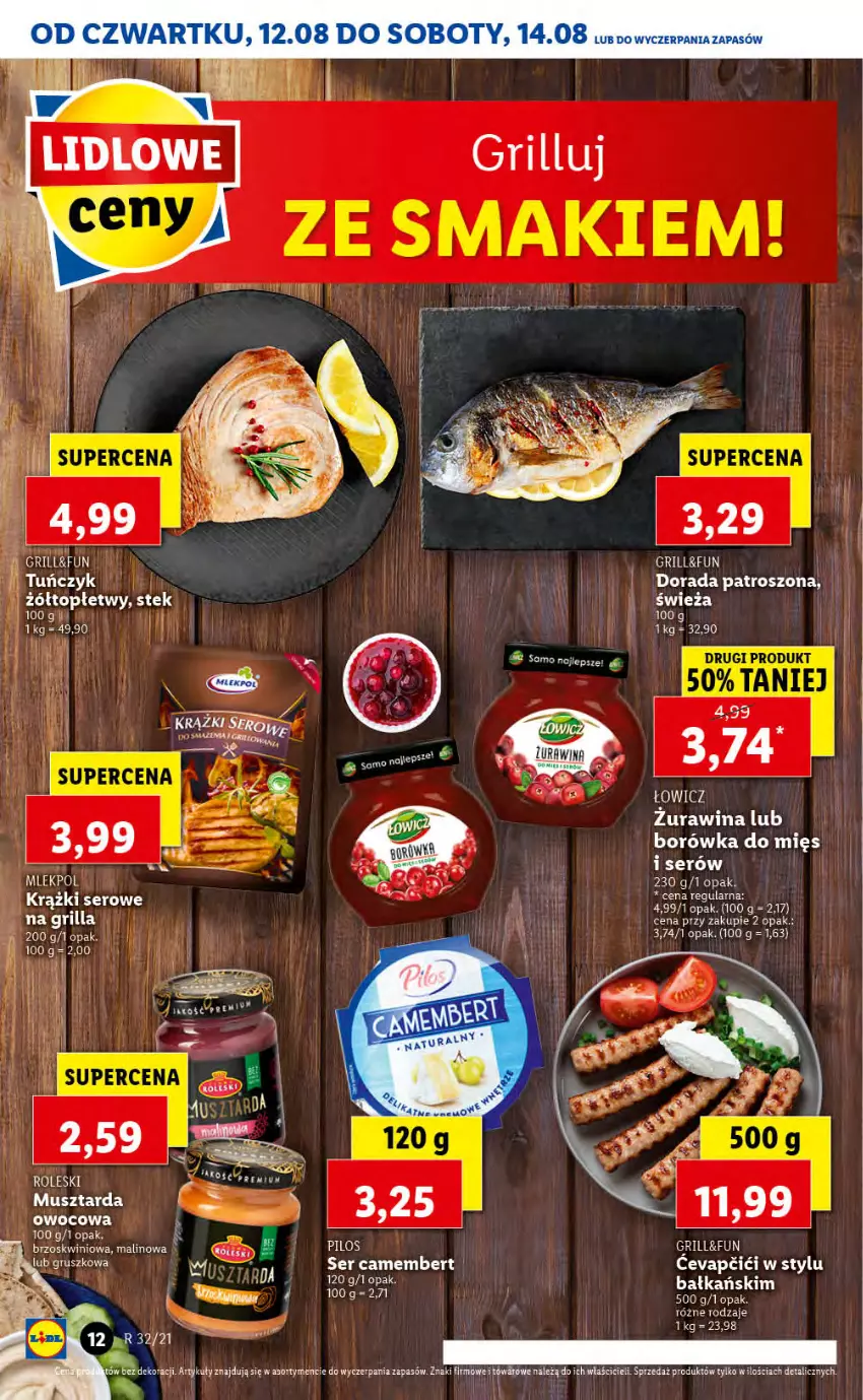 Gazetka promocyjna Lidl - GAZETKA - ważna 12.08 do 14.08.2021 - strona 12 - produkty: Borówka, Camembert, Grill, Mus, Musztarda, Pilos, Ser, Stek, Top