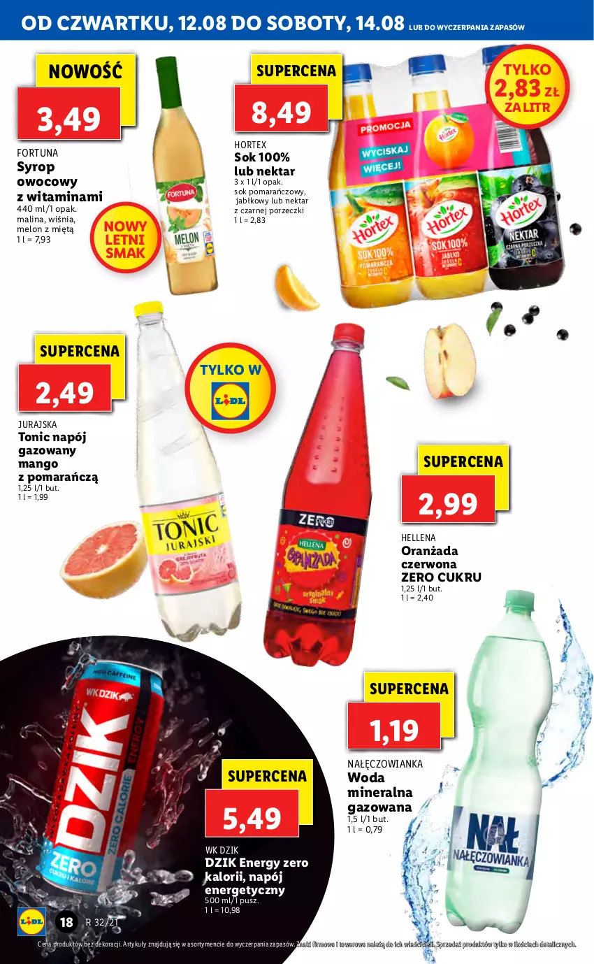 Gazetka promocyjna Lidl - GAZETKA - ważna 12.08 do 14.08.2021 - strona 18 - produkty: Fortuna, Hellena, Hortex, Mango, Melon, Nałęczowianka, Napój, Napój energetyczny, Napój gazowany, Nektar, Oranżada, Por, Sok, Sok pomarańczowy, Syrop, Woda, Woda mineralna