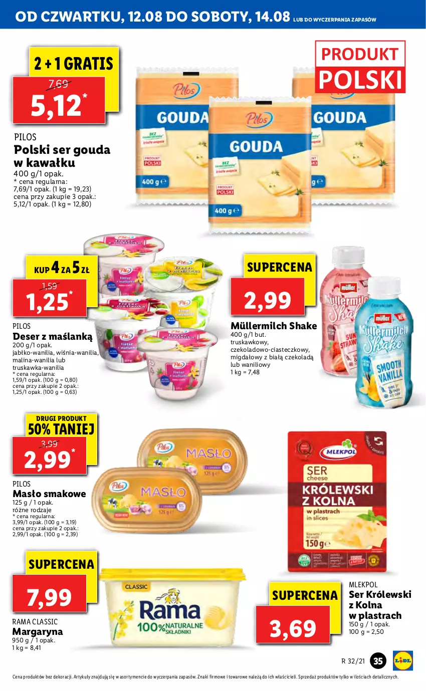 Gazetka promocyjna Lidl - GAZETKA - ważna 12.08 do 14.08.2021 - strona 35 - produkty: Deser, Gouda, Gra, Kawa, Królewski, Margaryna, Masło, Müller, Müllermilch, Pilos, Rama, Ser