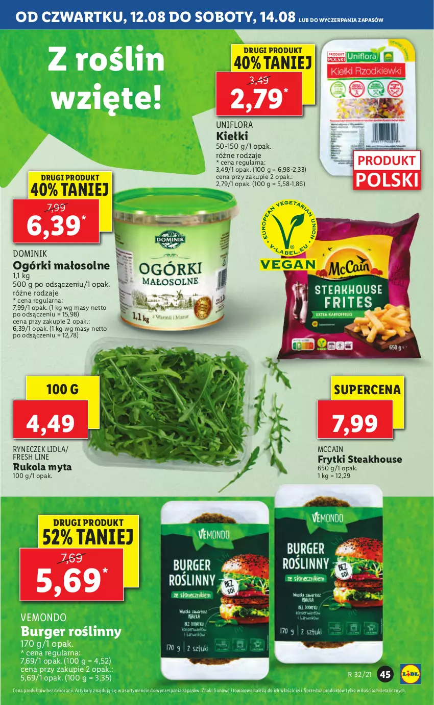 Gazetka promocyjna Lidl - GAZETKA - ważna 12.08 do 14.08.2021 - strona 45 - produkty: Burger, Flora, Frytki, Kiełki, McCain, Rukola