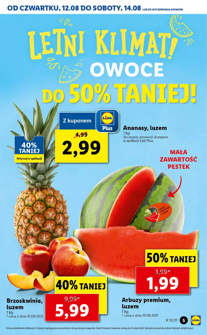 Gazetka promocyjna Lidl - GAZETKA - ważna 12.08 do 14.08.2021 - strona 5 - produkty: Ananas, Arbuz, Brzoskwinie, Stek