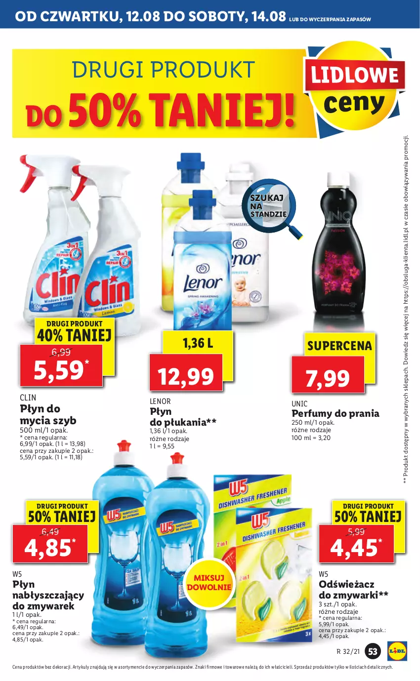 Gazetka promocyjna Lidl - GAZETKA - ważna 12.08 do 14.08.2021 - strona 53 - produkty: Clin, Lenor, Odświeżacz do zmywarki, Perfum, Płyn do mycia, Płyn do płukania, Płyn nabłyszczający, Zmywarki