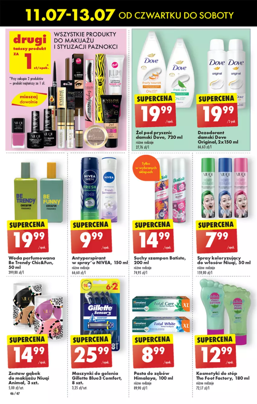 Gazetka promocyjna Biedronka - Od czwartku - ważna 11.07 do 17.07.2024 - strona 52 - produkty: Antyperspirant, Batiste, Dezodorant, Dove, Fa, Gillette, Gin, Himalaya, LG, Makijaż, Niuqi, Nivea, Pasta do zębów, Perfum, Suchy szampon, Szampon, Woda, Woda perfumowana