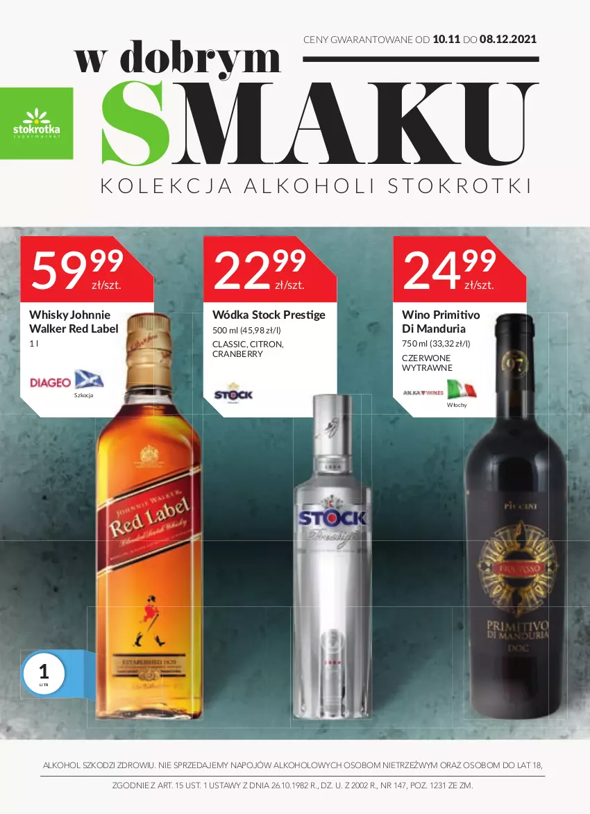 Gazetka promocyjna Stokrotka - Oferta alkoholowa - ważna 10.11 do 08.12.2021 - strona 1 - produkty: Johnnie Walker, Koc, Stock, Whisky, Wino, Wódka