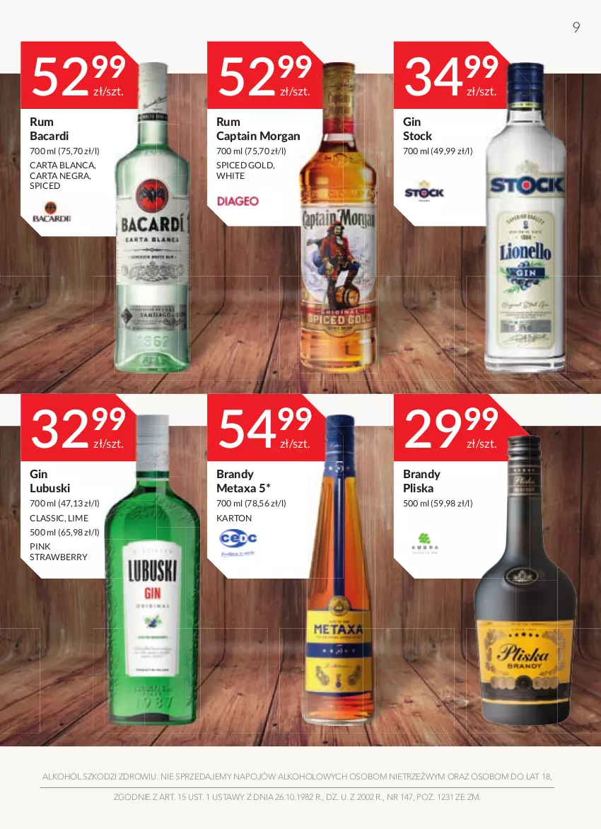 Gazetka promocyjna Stokrotka - Oferta alkoholowa - ważna 10.11 do 08.12.2021 - strona 9 - produkty: Bacardi, Brandy, Captain Morgan, Gin, Gra, Metaxa, Pliska, Rum, Stock