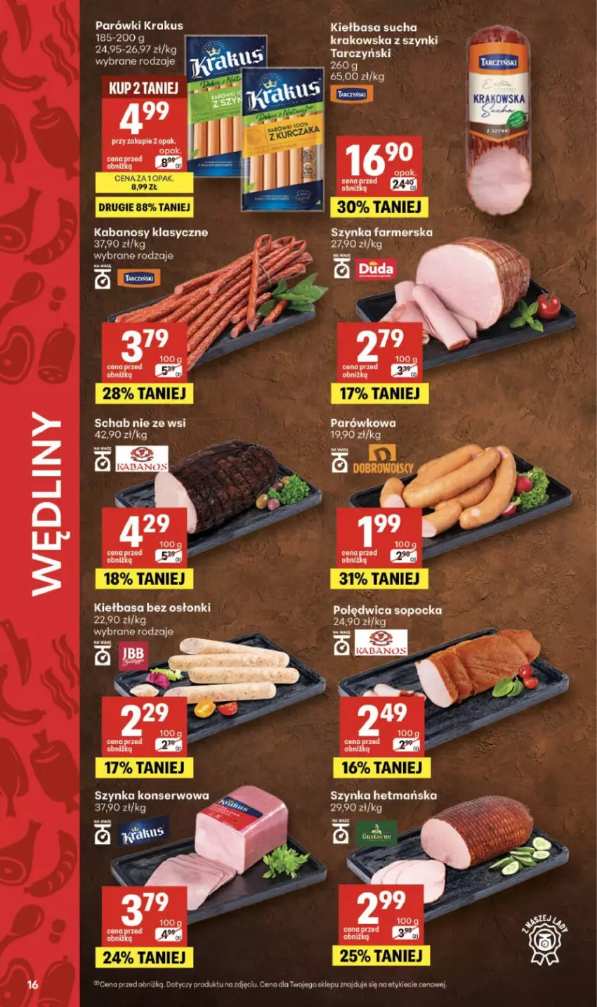 Gazetka promocyjna Delikatesy Centrum - Franczyza DC32 Czwartek - ważna 06.08 do 12.08.2026 - strona 16 - produkty: Fa, Kabanos, Kiełbasa, Krakus, Parówki, Polędwica, Ser, Szynka, Szynka farmerska, Szynka konserwowa, Top