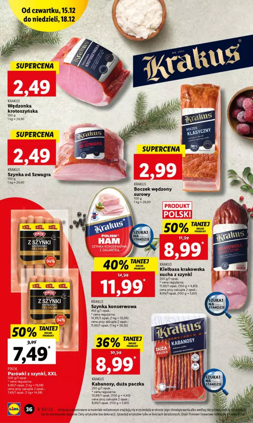 Gazetka promocyjna Lidl - GAZETKA - ważna 15.12 do 18.12.2022 - strona 42 - produkty: Boczek, Gra, Kabanos, Kiełbasa, Kiełbasa krakowska, Krakus, Ser, Szynka, Szynka konserwowa