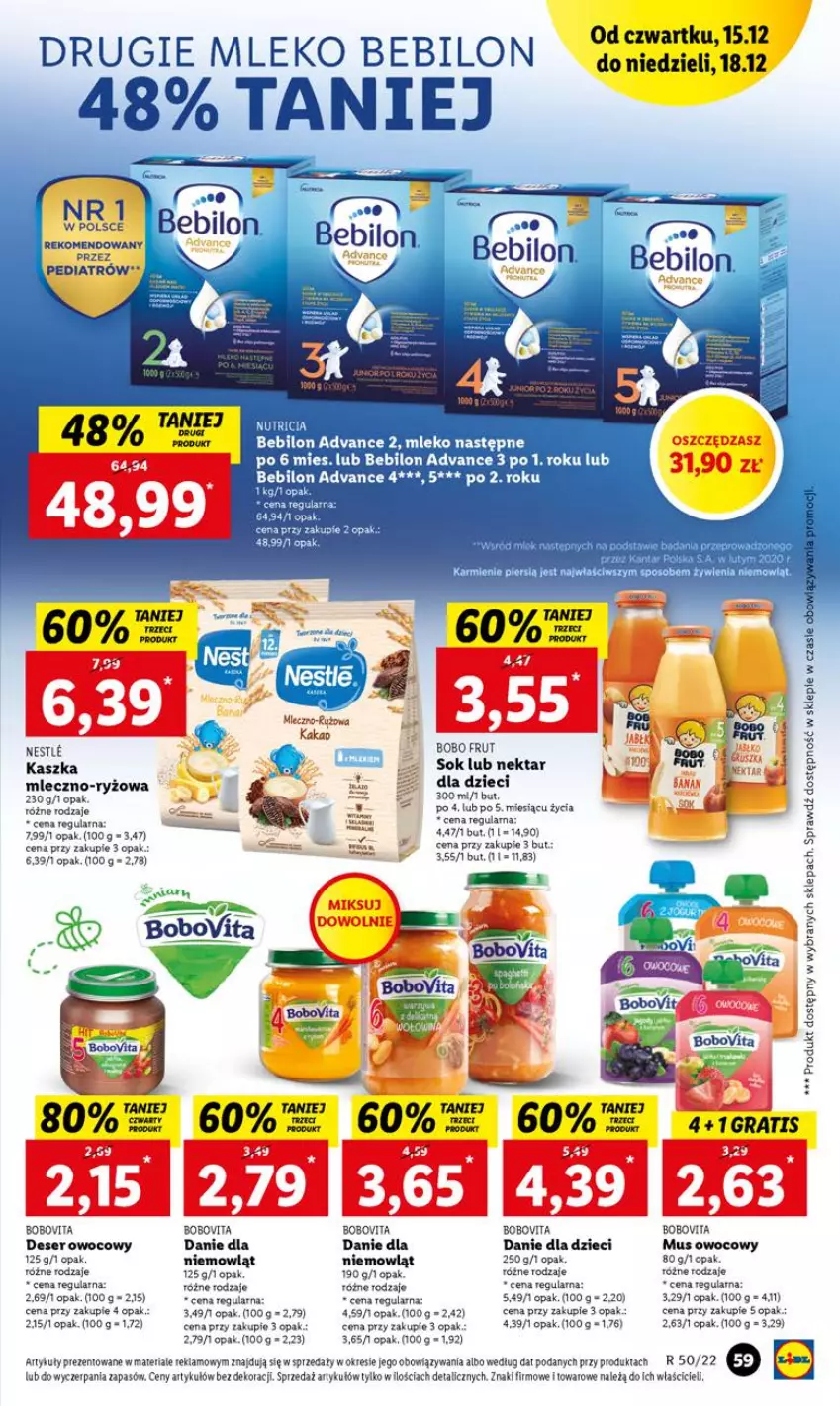 Gazetka promocyjna Lidl - GAZETKA - ważna 15.12 do 18.12.2022 - strona 69 - produkty: BEBILON, BoboVita, Danie dla dzieci, Deser, Deser owocowy, Dzieci, Gra, Kakao, Mleko, Mleko Bebilon, Mus, Nektar, O nas, Ryż, Ser, Sok